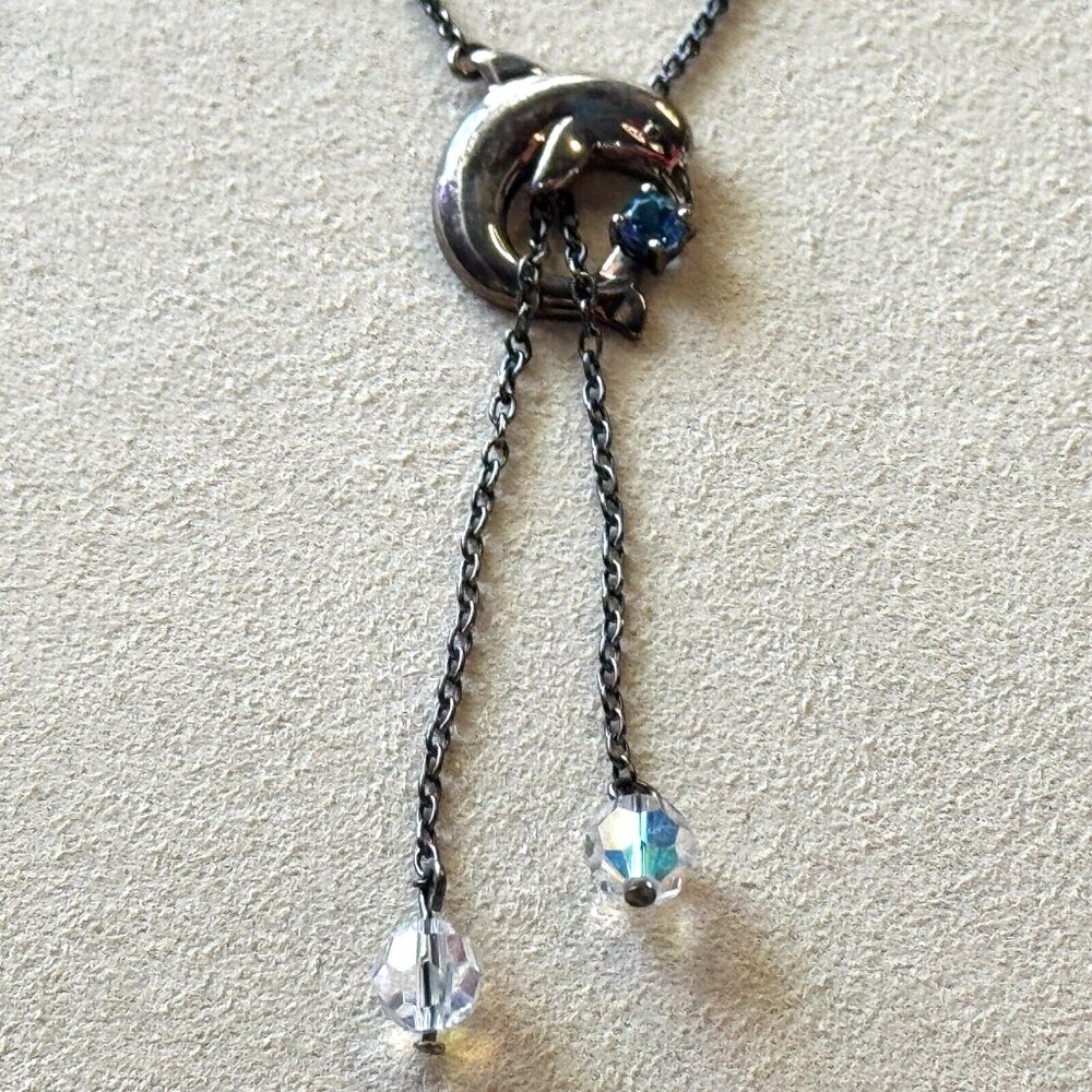 Sterling Silver '925 Italy' Dolphin Splash Pendant Lariat Necklace with Crystals